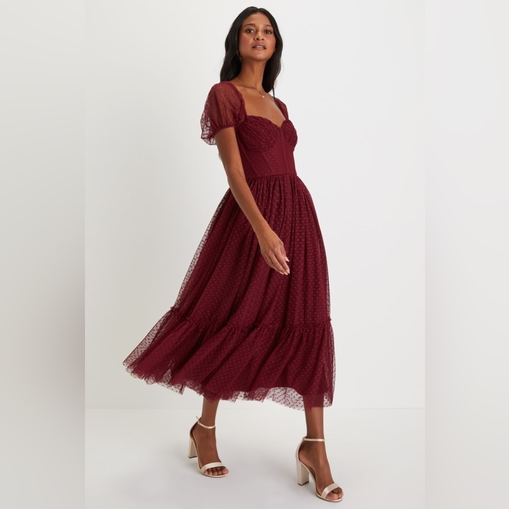 Lulus Sweet Amor Burgundy Tulle Swiss Dot Tiered Bustier Midi Dress - Picture 3 of 5